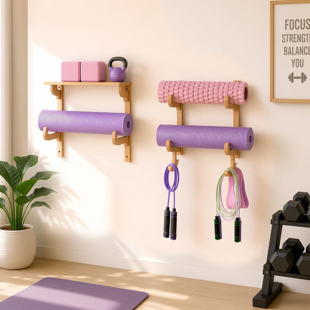 Wood Yoga Mat Wall Storage Rack