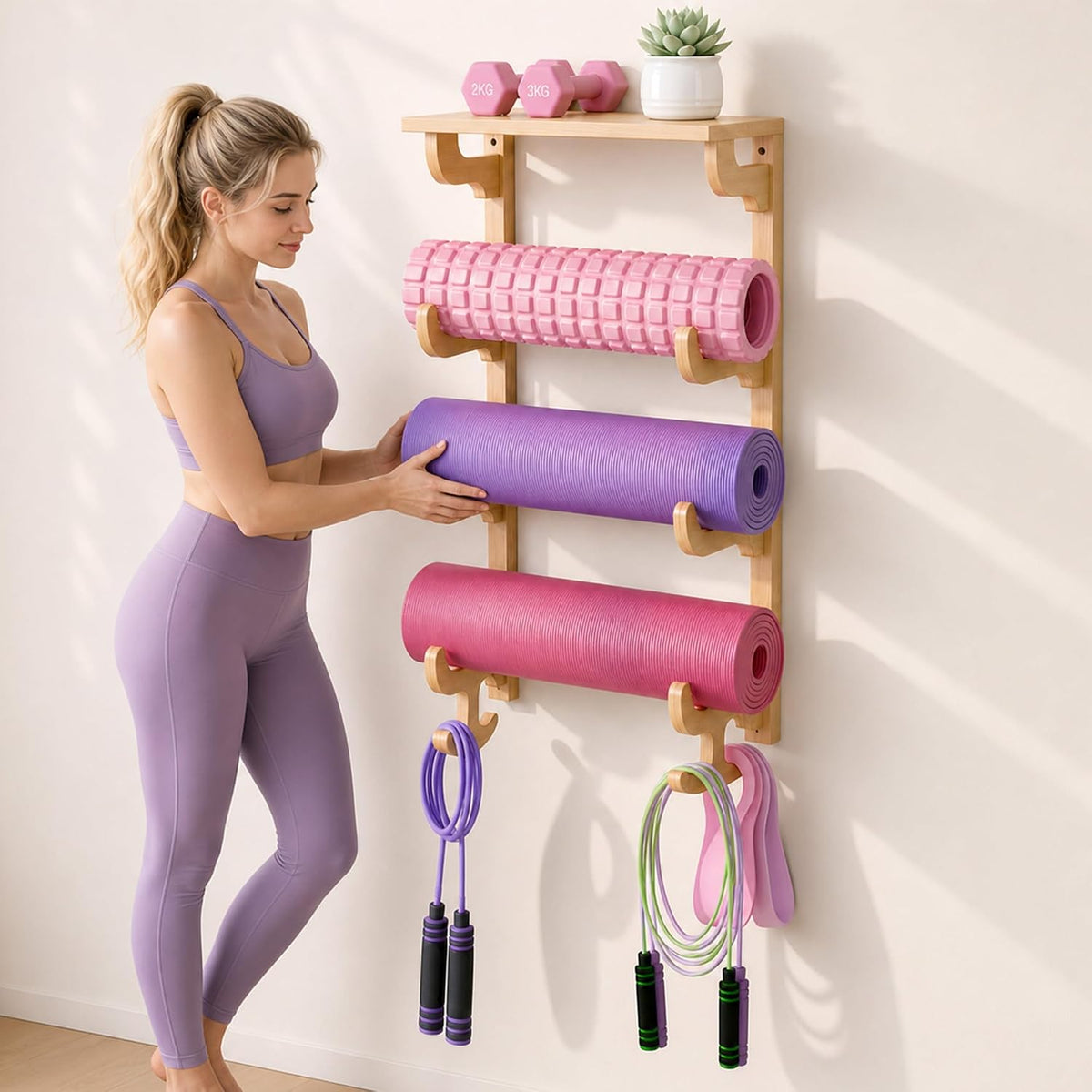 Wood Yoga Mat Wall Storage Rack