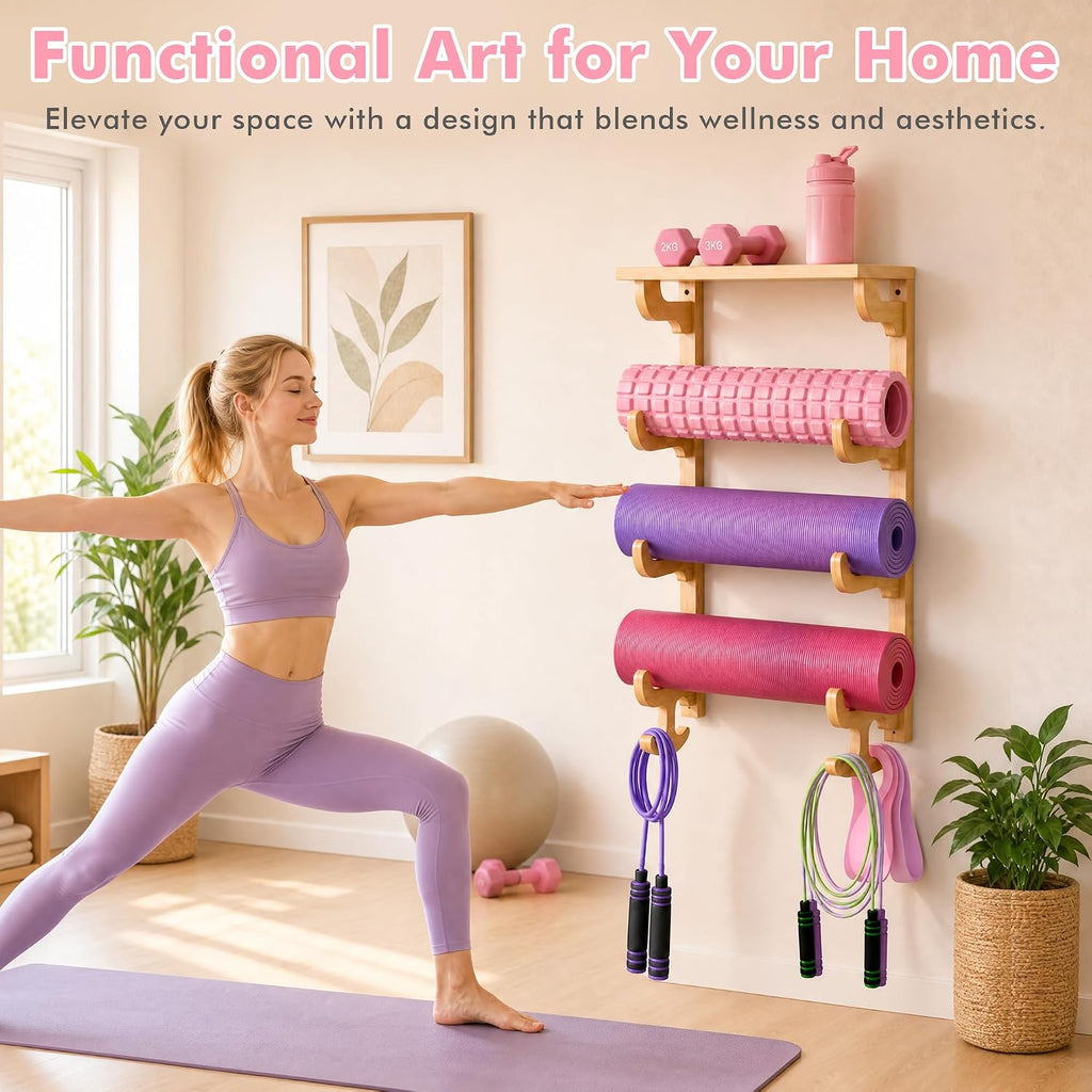 Wood Yoga Mat Wall Storage Rack
