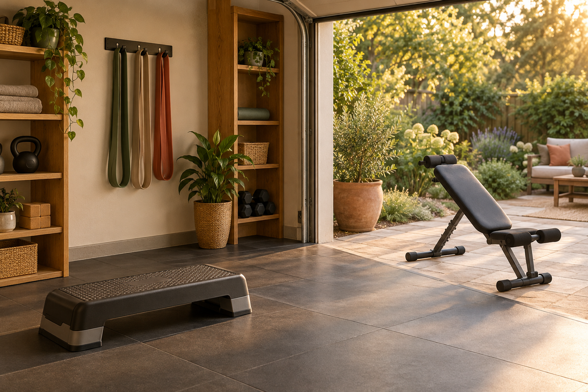 All four fitness categories in a warm, cozy garage gym and garden patio