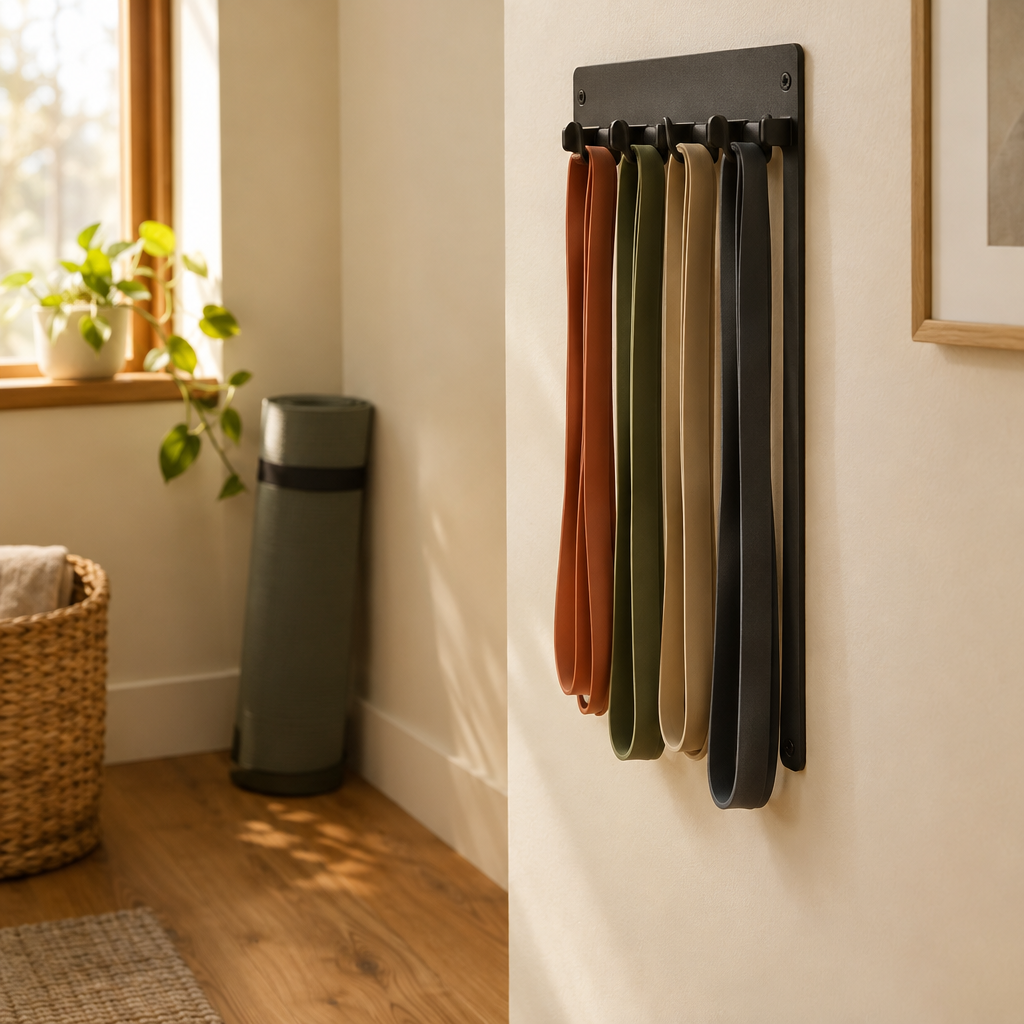 Slim resistance band rack in a cozy home gym