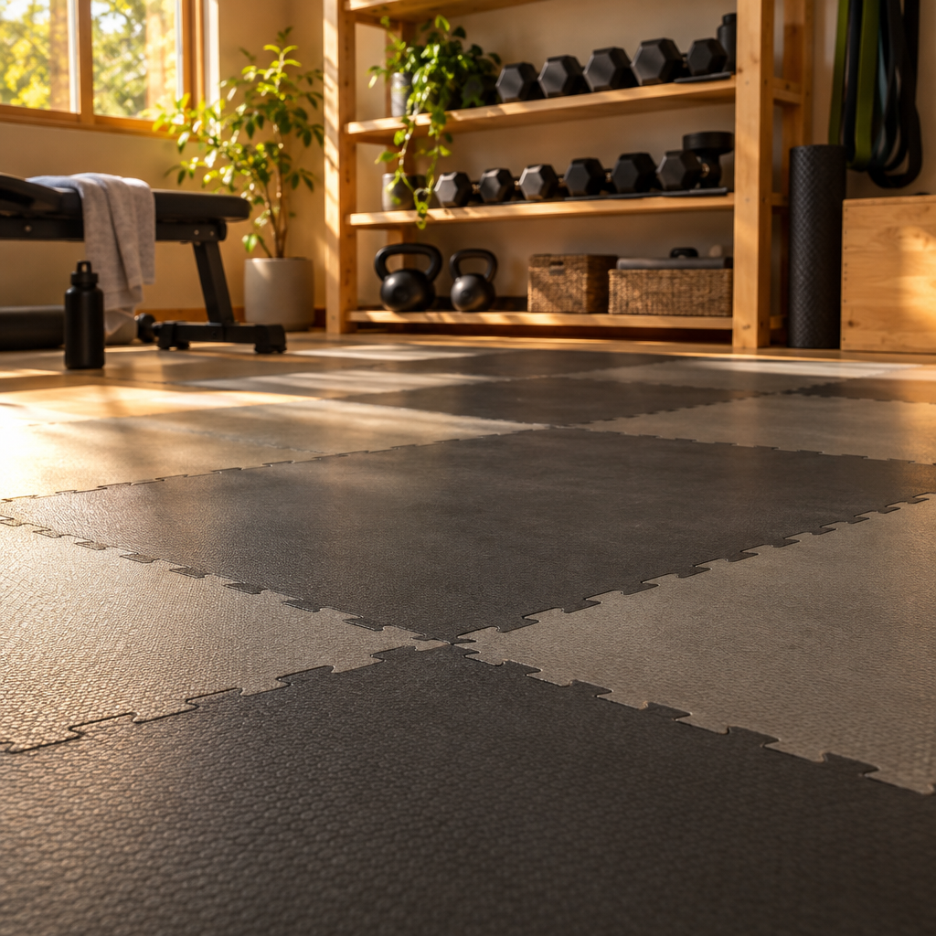 Vinyl floor tiles in a warm garage gym